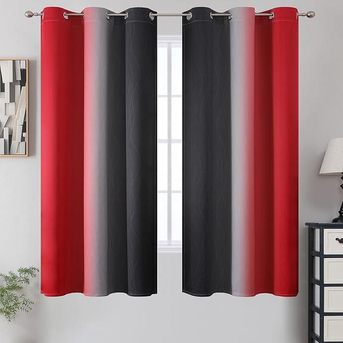 Ombre Red and Black Curtains 63 Inch Length 2 Panels, 100% Blackout Curtains - Image 2
