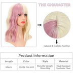 FAELBATY Short Blonde Wig Highlight Pink Wigs With Bangs Women's Blonde Mixed Pink Bob Wig Curly Wavy Synthetic Cosplay Wig Shoulder Length Wig for Girl's Costume Wigs(12" blonde mixed pink)