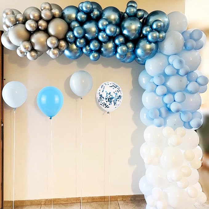 Blue and White Balloons, 12 Inch Light Blue White Latex Party Balloon Set - Image 6