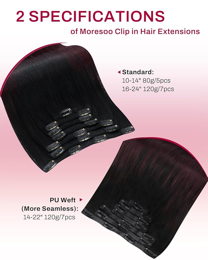 Moresoo Clip in Hair Extensions Dark Red Hair Extensions Clip ins Long Black to Burgundy Ombre Double Weft #1B/99J Balayage Natural Black to Deep Wine Red Long And Straight 120g/7pcs 20 inch
