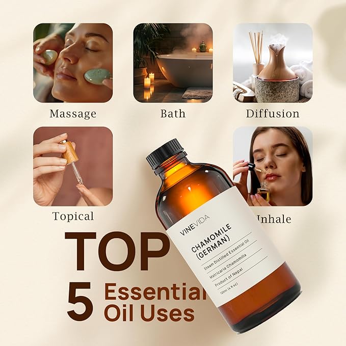 VINEVIDA Chamomile German Essential Oil 4 oz - Undiluted Chamomile Oil 4 oz - Chamomile Candle Oil Scent - DIY Candle Scents for Candlemaking - Bulk Essential Oil for Soap Making Safe for Skin