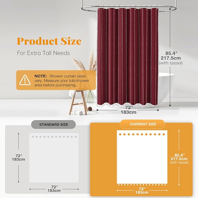 72x84 Long Boho Farmhouse Linen Heavy Duty Shower Curtain, Burgundy | Tall Size - Image 3