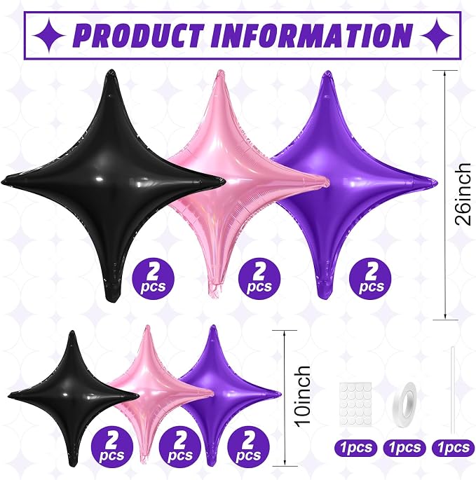 Black Purple Pink Star Balloons, 26Inch and 10Inch Black Purple Quadrangle - Image 2