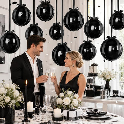 Black Round Foil Balloons with Satin Bows and Ribbon - Image 5