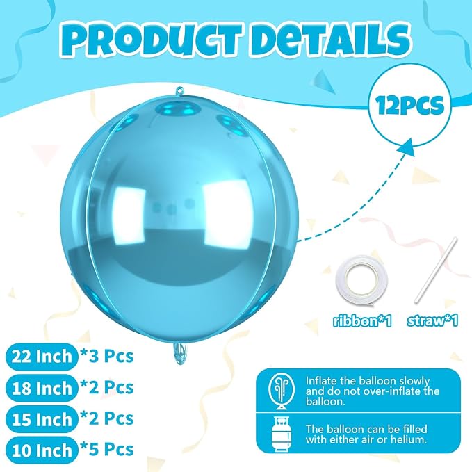 12Pcs Light Blue Round Balloons Foil, Big Metallic Blue Balloons - Image 2