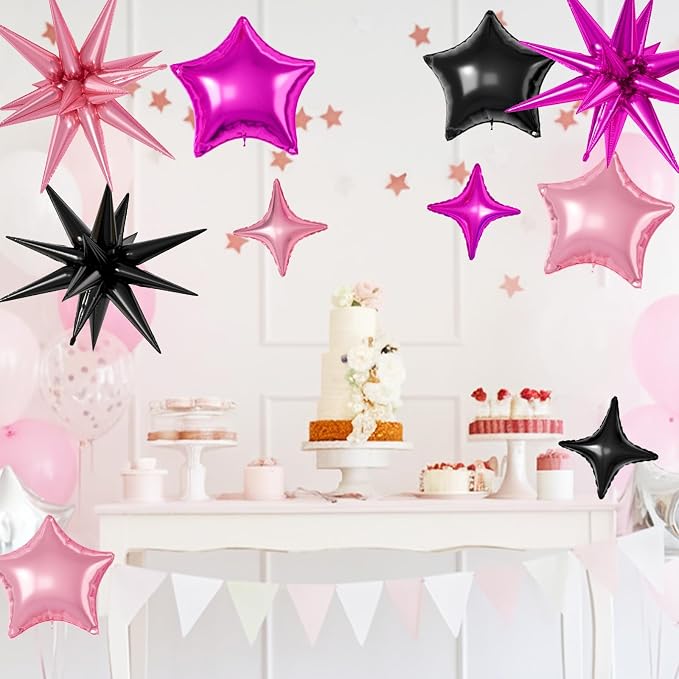Black Hot Pink Star Balloons, 22/18/10 Inch Foil Balloons, Four-Pointed Balloon - Image 4