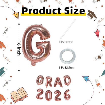 Rose Gold GRAD 2026 Banner Balloons, 16 Inch Mylar Foil letter Graduation - Image 2
