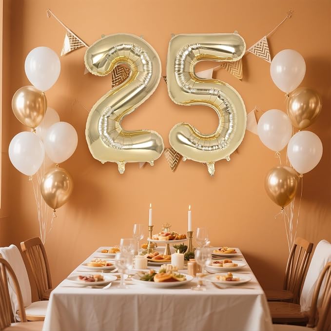 Champagne Gold Large Number 25 Balloon, 40 Inch Light Gold Foil Helium Number - Image 3