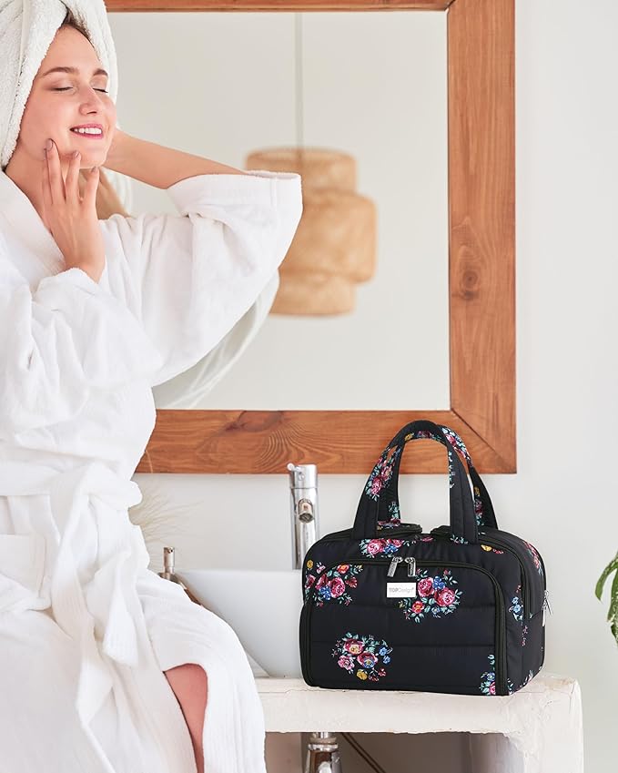 TOPDesign Travel Toiletry Bag for Women, Puffer Large Toiletry Bag, Lightweight Cosmetic Makeup Organizer with Handle for Traveling, Accessories, Essentials, Toiletries (Flower)