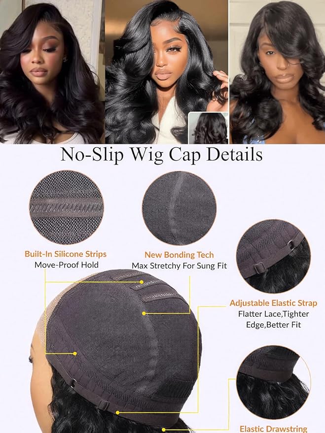 Julia Hair Bye Bye Slip Wig Feathered Layer Side Part Human Hair Wig 200% Density 7X5 Pre Cut Lace Closure Loose Body Wave Wigs Pre Everything Glueless with Secure Silicone Strips Drawstring 18 Inch