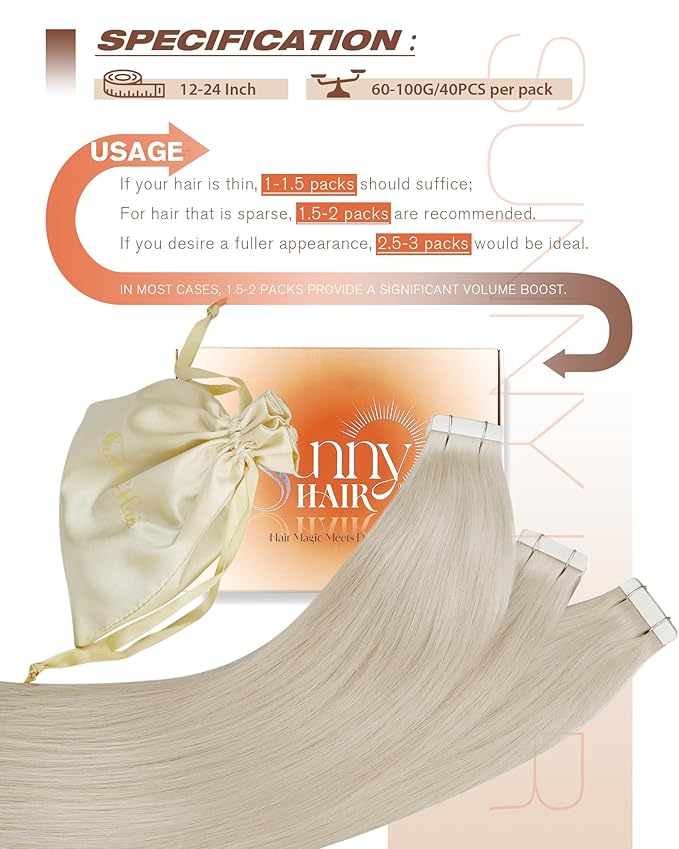 Sunny Hair Tape in Hair Extensions Human Hair 18inch Hair Extensions Real Human Hair Tape in Extensions for Women Platinum Blonde Invisible Natural Straight Skin Weft Double Sided Tape 40pcs 100g