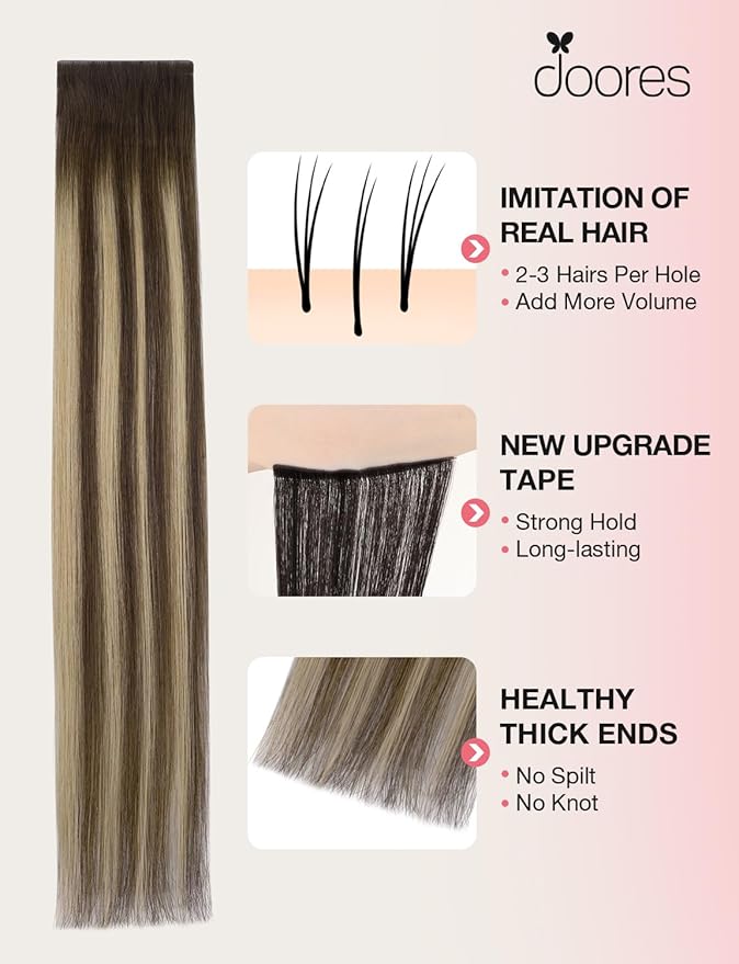DOORES Invisi Edge Tape in Wide Hair Extensions Human Hair, Chocolate Brown to Honey Blonde 4PCS Injection Tape ins 20g 14 Inch, Virgin Human 3 Inch Wide Injected Extensions Invisible