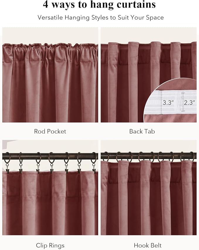 Mauve Velvet Curtains for Home Theater Room Nursery, Back Tab Pinch Pleat - Image 2