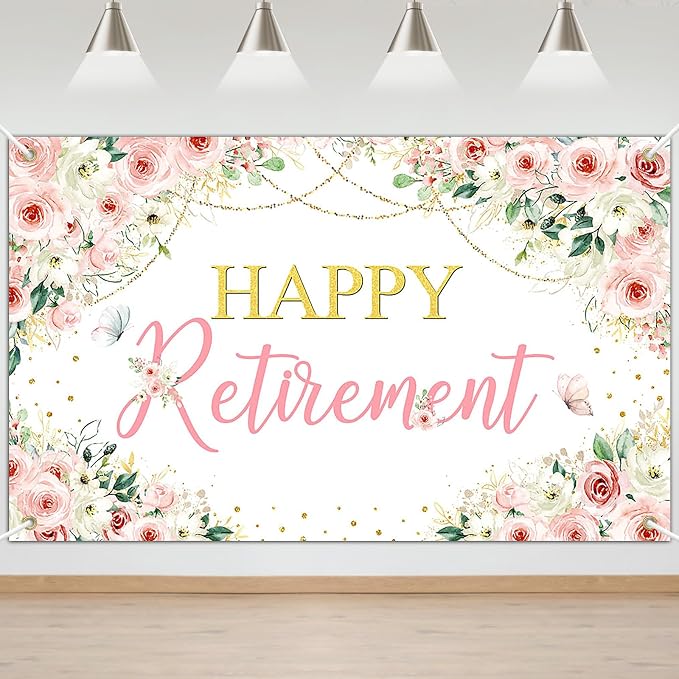 Mocsicka Happy Retirement Backdrop Pink Floral Retirement Banner by Mocsicka