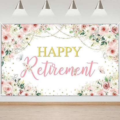 Mocsicka Happy Retirement Backdrop Pink Floral Retirement Banner by Mocsicka