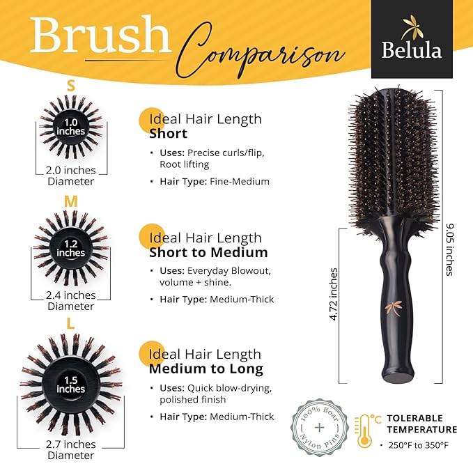 Boar Bristle Round Brush for Blow Out Set by Belula. Round Hair Brush For Blow Drying. Small 2” Wooden Barrel. Hairbrush Ideal to Add Volume and Body. Free 3 x Hair Clips & Travel Bag