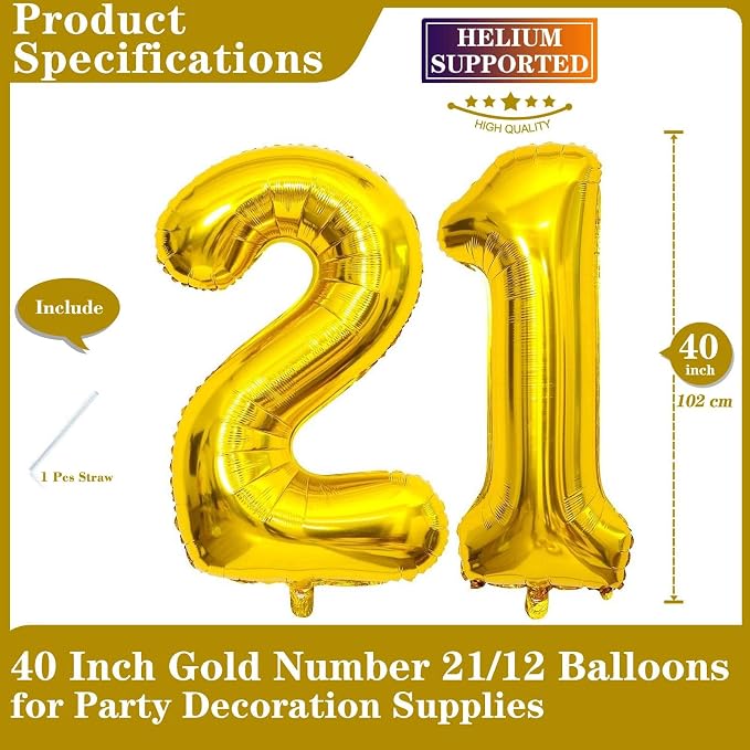 Gold 21 Number Balloons, 40 Inch Giant Number 21 Balloons Foil Mylar Helium - Image 2