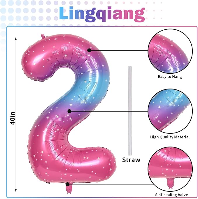 Gradient Blue Pink 2 Balloons, 40 Inch Giant Helium Foil Number 0-9 Rainbow 2th - Image 2
