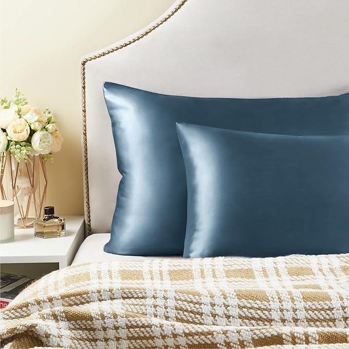 BEDELITE Satin Pillowcase for Hair and Skin, Super Soft and Cooling Similar to Silk Pillow Cases 2 Pack with Envelope Closure, Gift for Women Men(20"x26" Standard Size, Bluesteel)