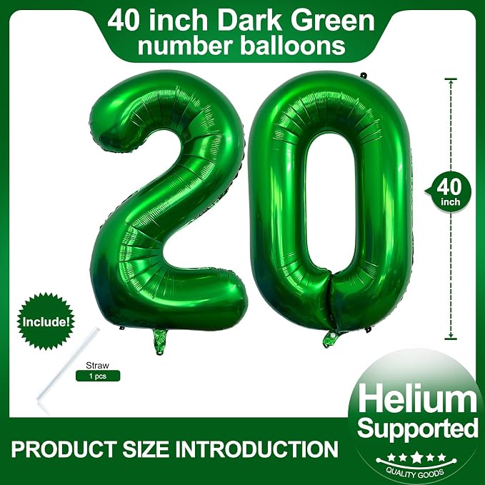 Number 20 Dark Green Balloons 40 Inch Giant Green 20 Numer Foil Helium Balloons - Image 2