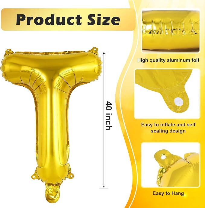 Gold Letter T Balloons, 40 Inch Large Foil Letter Balloons, Custom Phrase - Image 2