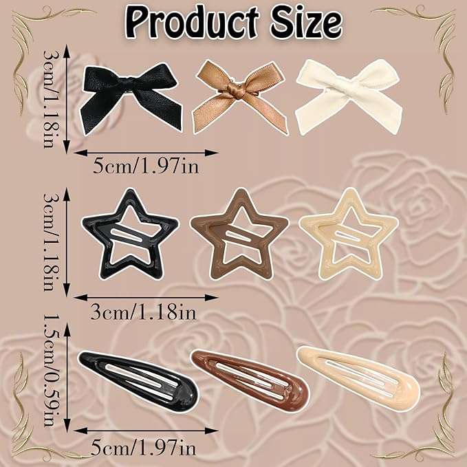 36Pcs Brown Mini Bow Hair Clips Y2K Star Metal Snap Hair Barrettes Small Hair Bows Water Drop No Slip Hair Clips for Women Cute Bowknot Star Hair Pins Accessories for Girls