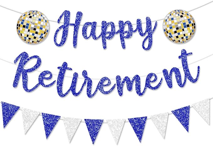 Pre Strung Happy Retirement Banner Party Decorations | Blue Glitter Sign Bunting by FHGG