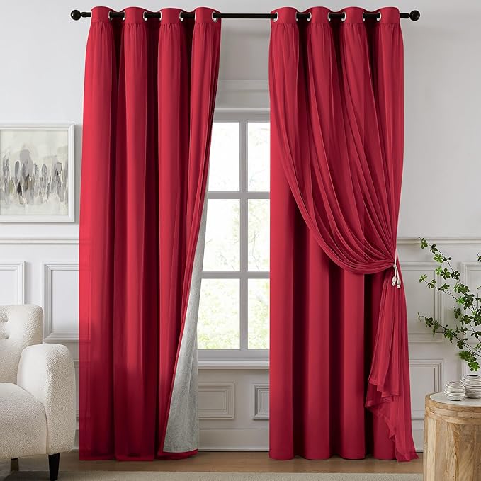 100% Blackout Curtains for Bedroom, Double Layer Red Curtains, Room Darkening by Swandream
