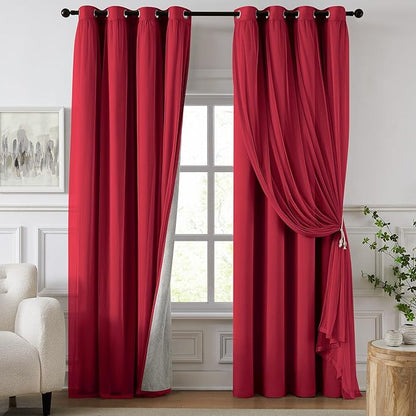 100% Blackout Curtains for Bedroom, Double Layer Red Curtains, Room Darkening by Swandream