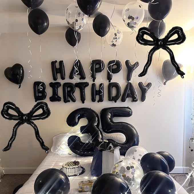 Black Bow Happy Birthday Balloons Banner, 22 Inch Black Bow Foil Balloons - Image 4