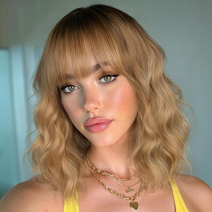 Nnzes Blonde with Light Brown Wig with Bangs for Women Shoulder Length Bob Wavy Charming Synthetic Wigs with Natural Curly Heat Resistant Hair