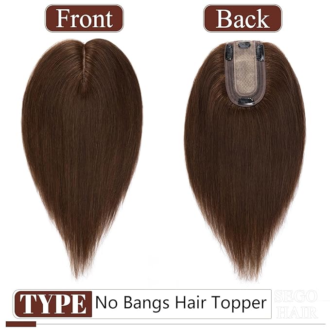 SEGO Human Hair Topper for Women, No Bangs Real Hair Topper with Anti-Slip Clips (12 Inch#4 Medium Brown)