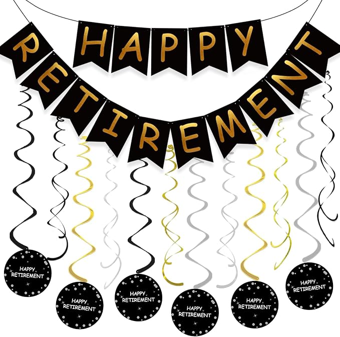 Retirement Party Decorations for Men Women Black Gold Happy Retirement Banner by GuassLee