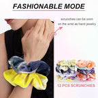 Velvet Hair Scrunchies for Girls and Women, Premium Elastic Tie-Dye Scrunchies and Ponytail Holders - 12 Colors