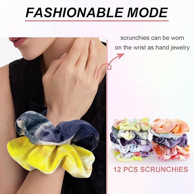 Velvet Hair Scrunchies for Girls and Women, Premium Elastic Tie-Dye Scrunchies and Ponytail Holders - 12 Colors