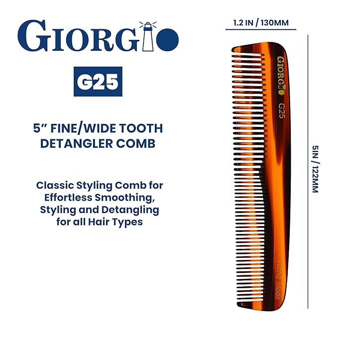 Giorgio G25 FineTooth and WideTooth Pocket Comb - Hair Styling Comb for Men and Women, Handmade Beard Combs for Men, Barber Combs, for Grooming,Saw Cut and Polished (Tortoiseshell)