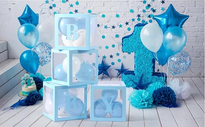 Baby Shower Boxes Party Decorations – 4 pcs Blue Transparent Balloon Boxes – - Image 9