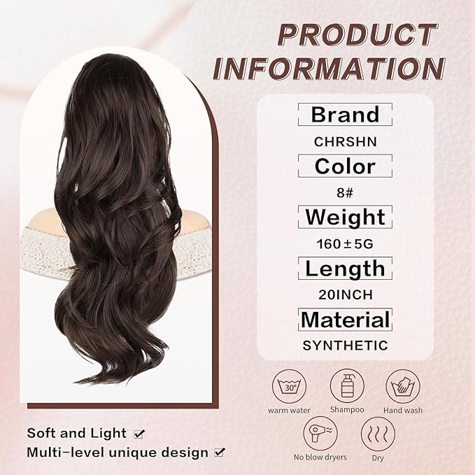 Ponytail Extension, Drawstring Ponytail Extension for Women 20 Inch Long Wavy Brown Pony Tails Hair Extensions Synthetic Clip in Ponytail Hairpiece for Women