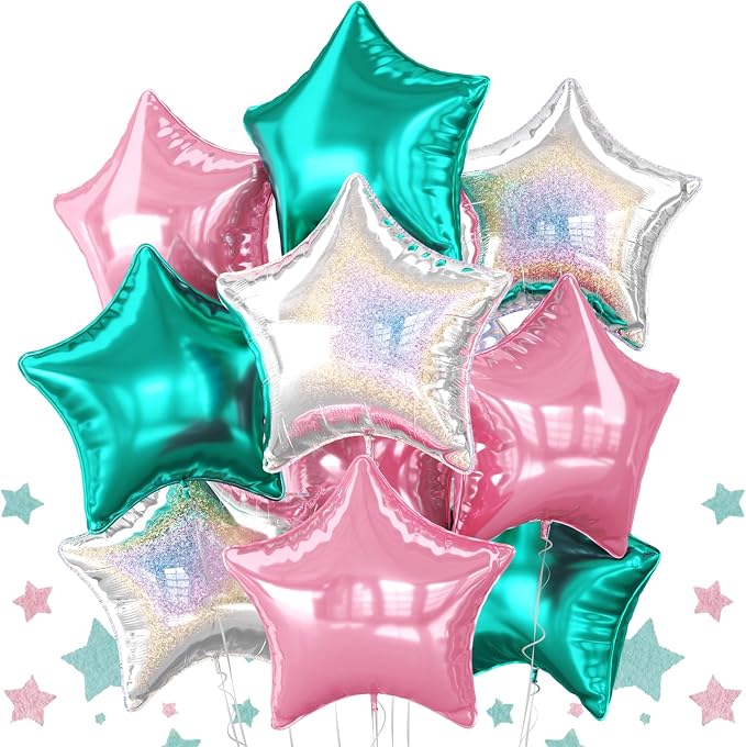 Pink and Teal Blue Star Foil Balloons, 18 Inch Metallic Turquoise Stars by BIAPIAN