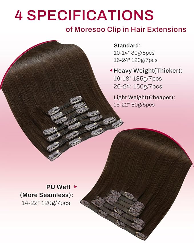 Moresoo Clip in Hair Extensions for Women Medium Brown Long Straight Real Hair Clip in Extensions Double Weft Medium Brown #4 Full Head 7pcs/150g 24inch