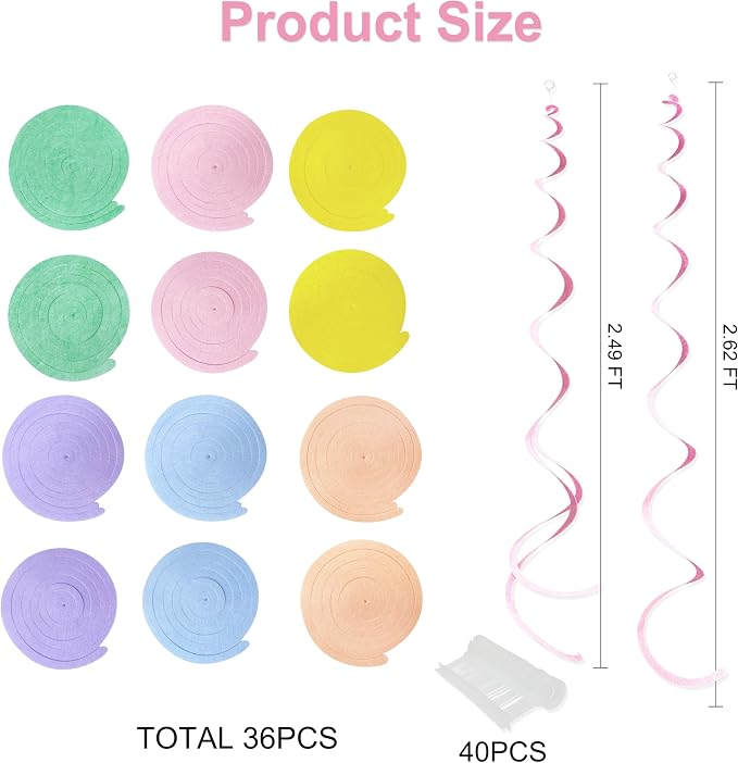 36 Pcs Pastel Hanging Swirl Decorations Pastel Color Felt Swirl Streamer Spiral - Image 2