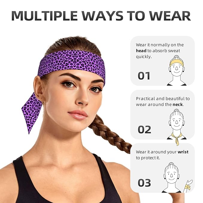 Men Women Fashion Sports Sweat Bands Hand Decor for Running Fitness Shower, Long Multi Style Purple Cheetah Leopard Print Head Ribbon Headwear