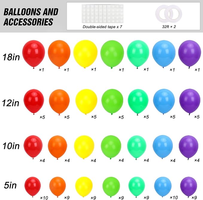 RUBFAC 135pcs Rainbow Balloons, Latex Colorful Balloon Different Sizes 18 12 10 - Image 2