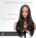 BrittyHair Black Mix Blonde Long Straight Wig for Women 26 Inches Synthetic Layered Wig 13x4x1 Black Mix Blonde Lace Front Wig Middle Part Synthetic Wigs for Daily Cosplay Party Use
