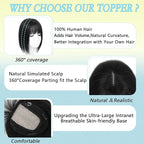 Hair Toppers for Women Real Human Hair, 360° 3D Toppers Pieces for Women with Thinning Crown Wispy Bangs 12 Inch Upgrade Big Basement Black, 12 Inch Wispy Bangs