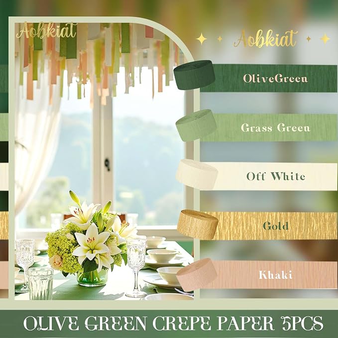 AOBKIAT Wedding Streamers Party Decorations, 5 Rolls Olive Green Crepe Paper | - Image 4