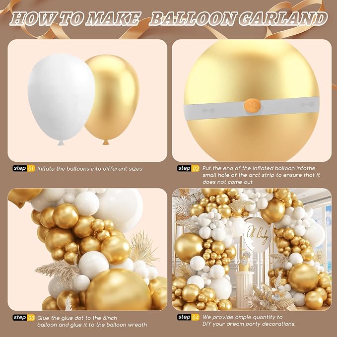 412Pcs White and Gold Balloon Arch Kit, 18 12 10 5 Inch Gold balloons White - Image 3