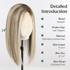 Full Hand Tied Hair Toppers for Women Remy Human Hair Lace Front Topper 14 Inch 6"×6" Partial wig Cover Thinning Hair or Loss No Bangs Top Hair Pieces (Ombre Brown Mix Platinum)