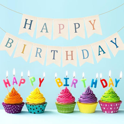 Doumeny Happy Birthday Burlap Banner Boho Birthday Bunting Garland Blue Pink - Image 7