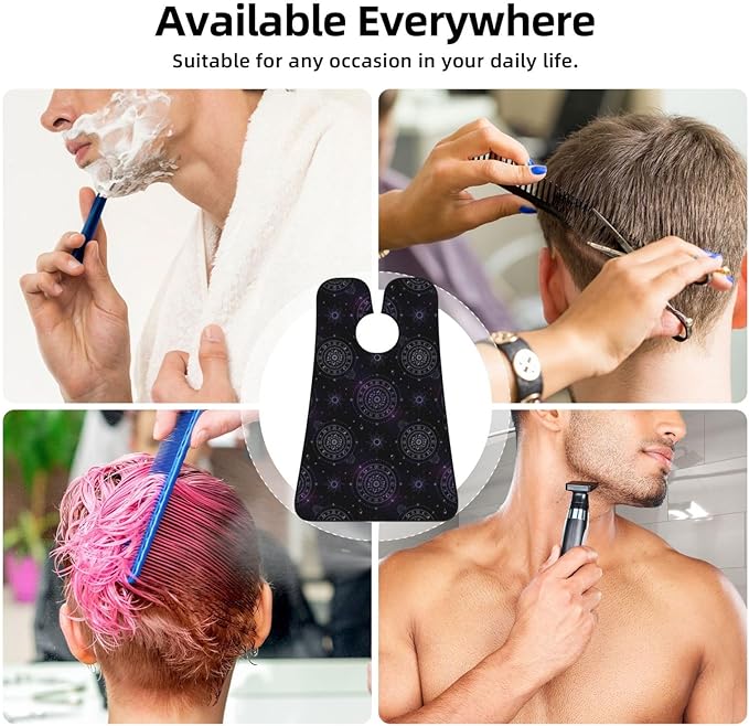 Beard Shaving Cape with Suction Cups, Sacred Geometric Symbol Purple Space Galaxy Stars Mystic Sun Moon Shave Bib, Non-Stick Waterproof Hair Catcher, Grooming Bib for Men Husband